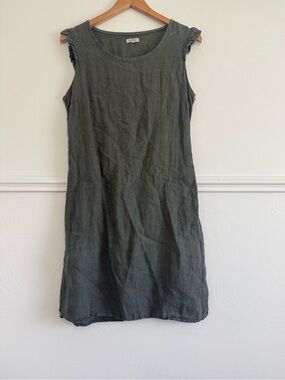 Lina Tomei Italian Linen Blend Sleeveless Dress Gray Ruffle Shoulder Size Medium